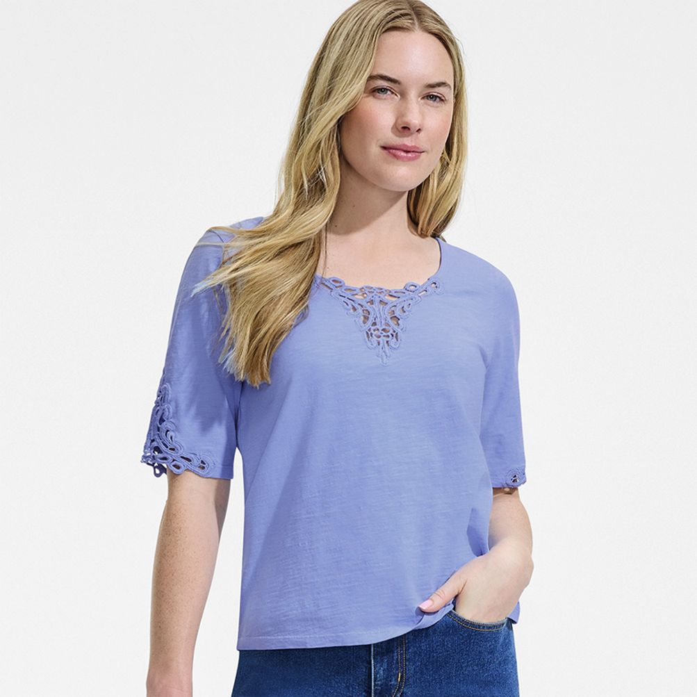Women's Elbow Sleeve Slub Lace Trim T-Shirt | Lands' End