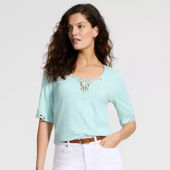 Women's Elbow Sleeve Slub Lace Trim T-Shirt - primary