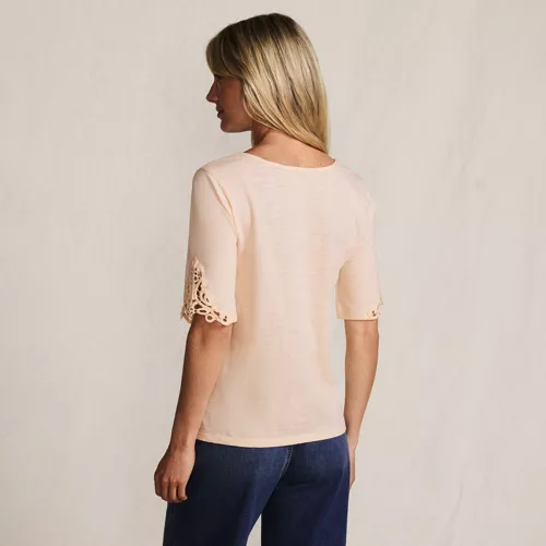 Women's Elbow Sleeve Slub Lace Trim T-Shirt, Back