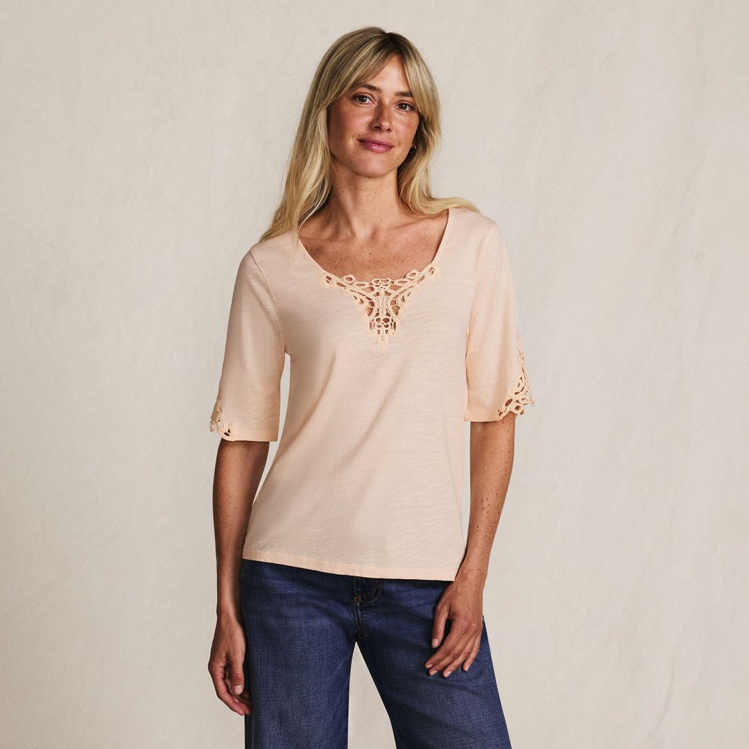Women's Elbow Sleeve Slub Lace Trim T-Shirt