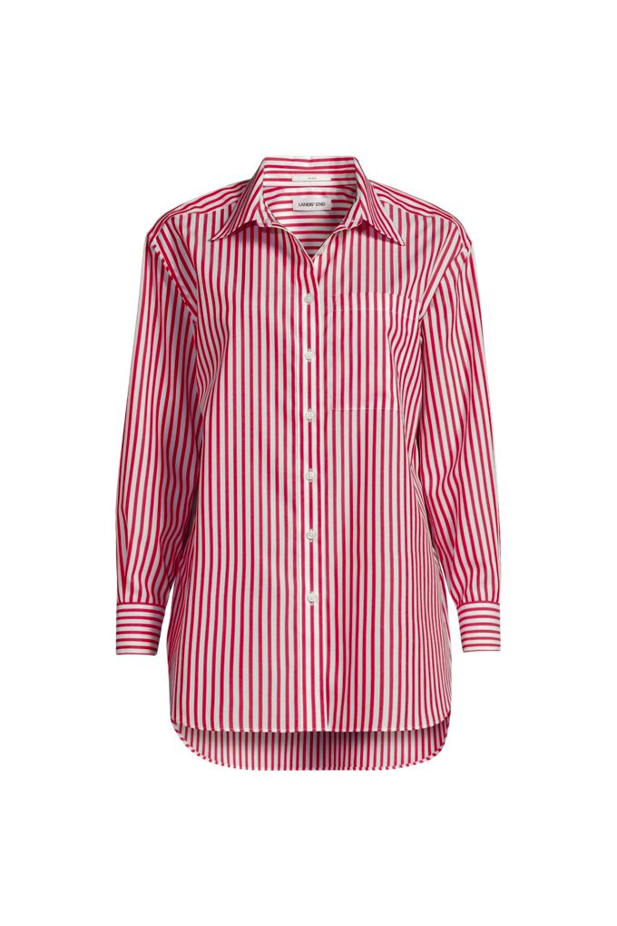 Lands' End Women's Plus Size Oversized No Iron Tunic With Statement Collar Shirt In Red