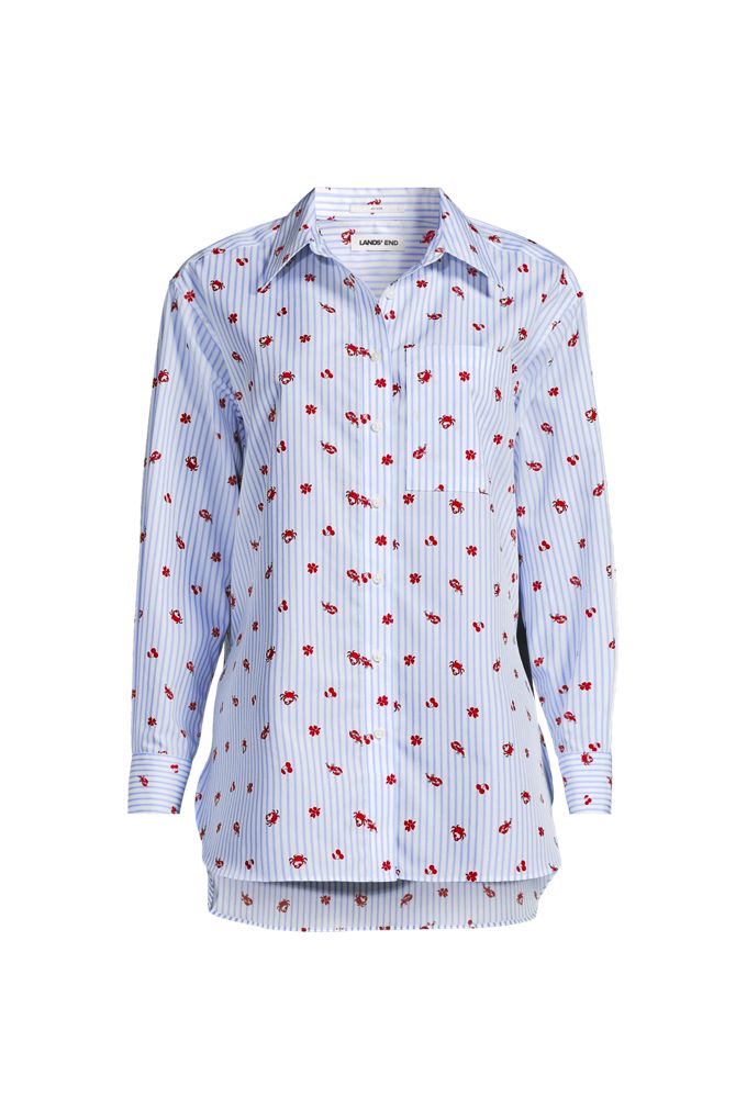 Lands' End Women's Plus Size Oversized No Iron Tunic With Statement Collar Shirt In Blue