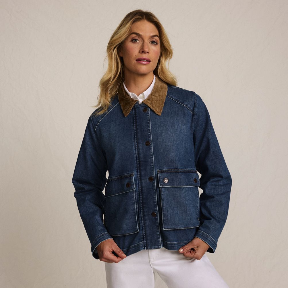 〈LANDS' END〉corduroy collar denim jacket Lands' End Men's Blanket Lined Denim Jacket With Corduroy