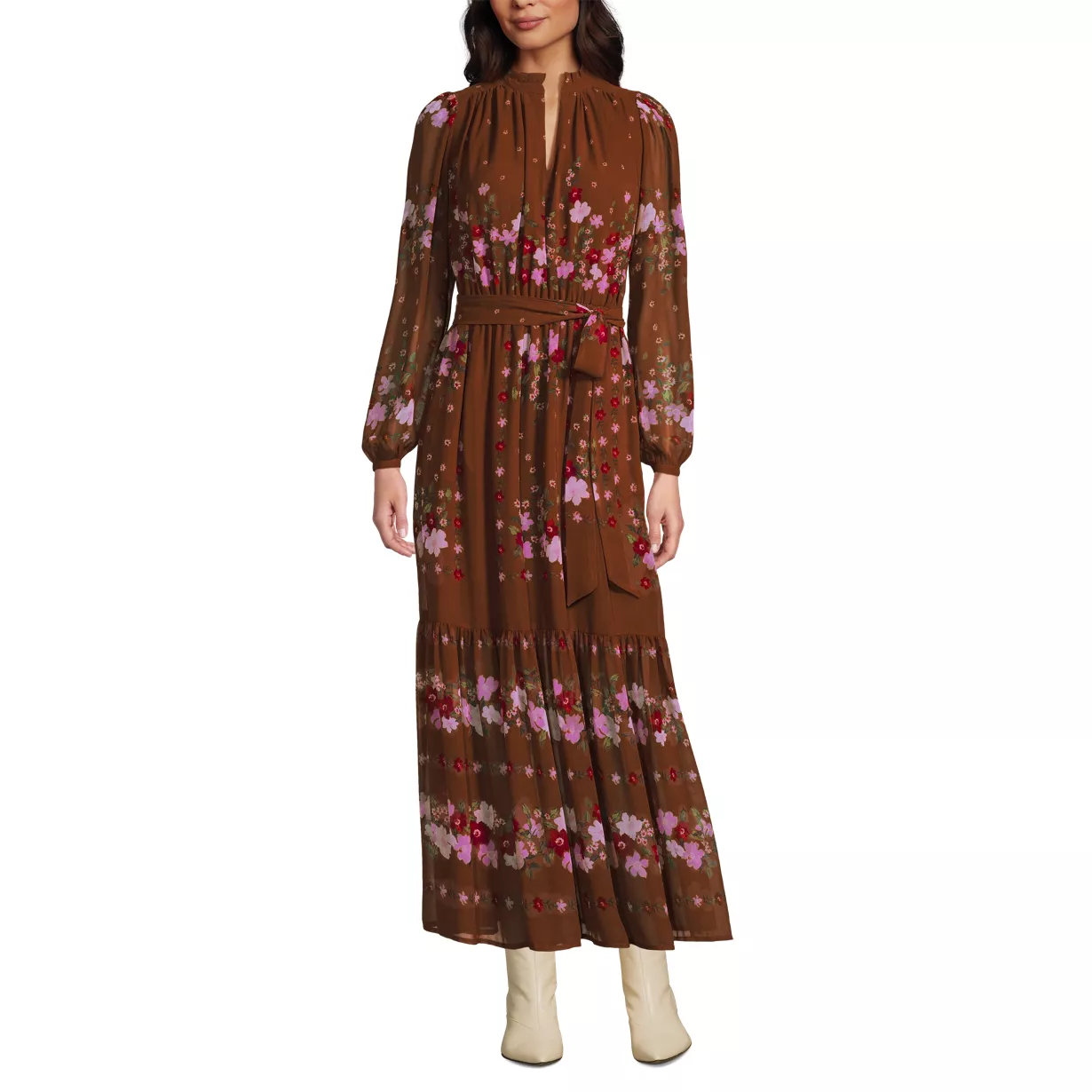 Women's Chiffon Tiered Long Sleeve Maxi Dress