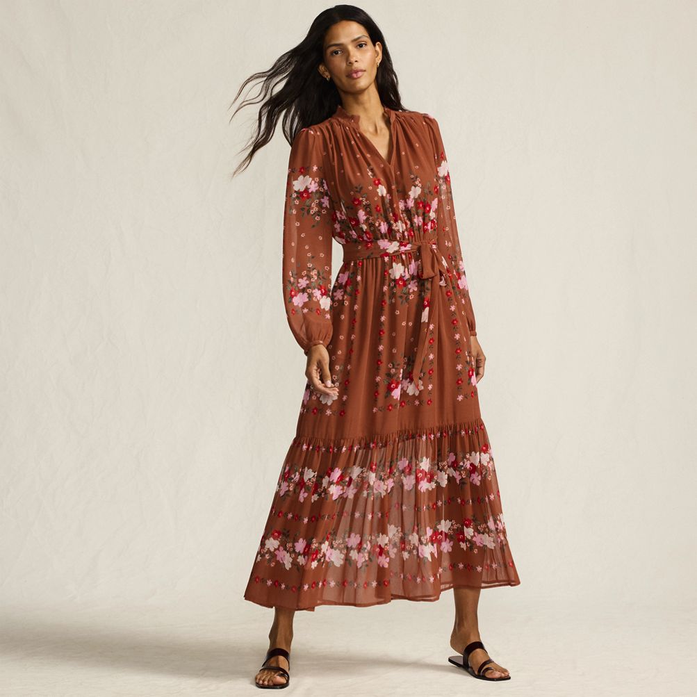 Women's Chiffon Tiered Long Sleeve Maxi Dress Lands' End
