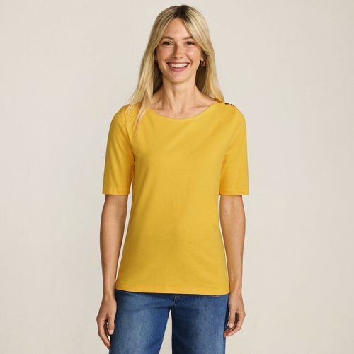  Lands' End Supima® T-shirt Mit U-boot-ausschnitt Und Geknöpfter Schulter, Damen, Größe:l Petite, Gelb, Baumwolle, By Lands' End 