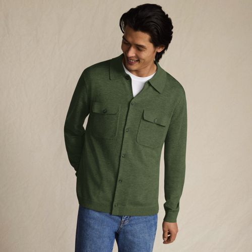Button Front Sweater Jacket, Men, size: M, regular, Green, Wool/Polyester/Acrylic, by Lands' End