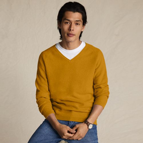 Cotton Twist V-neck Jumper, Men, size: M, regular, Yellow, by Lands' End