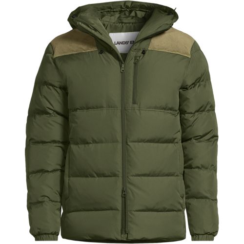 Hooded Puffer Jacket, Cord Trim, Men, size: S, regular, Green, Polyester, by Lands' End