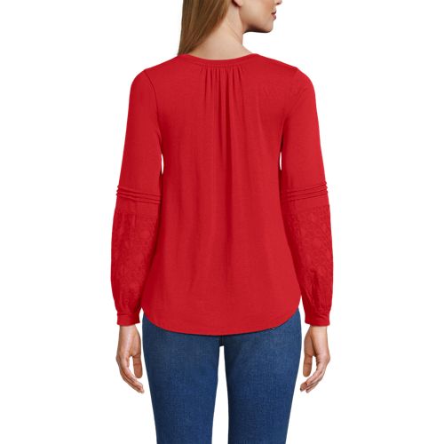 Women's Lightweight Jersey Lace Mix Long Sleeve Pintuck Top, Back