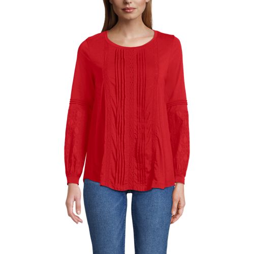 Women's Lightweight Jersey Lace Mix Long Sleeve Pintuck Top, Front