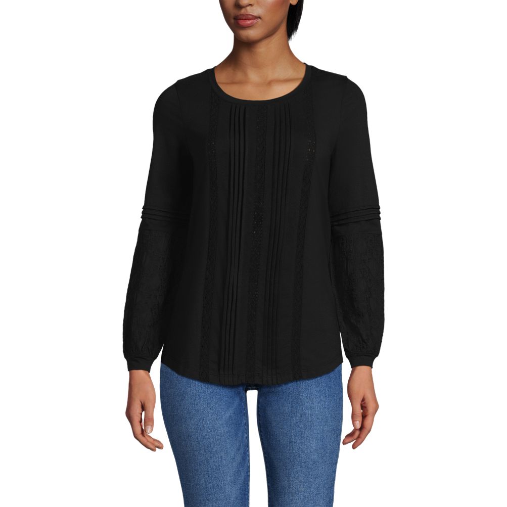 Women's Lightweight Jersey Lace Mix Long Sleeve Pintuck Top