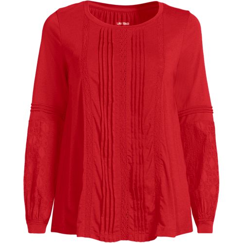 Women's Lightweight Jersey Lace Mix Long Sleeve Pintuck Top, Front
