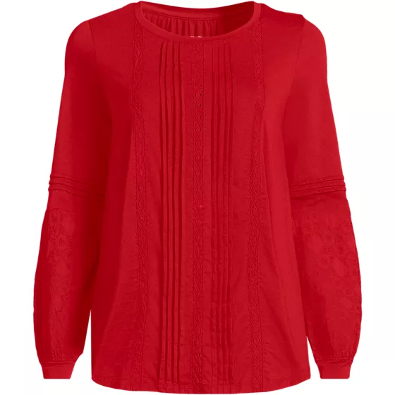 Women's Lightweight Jersey Lace Mix Long Sleeve Pintuck Top - primary
