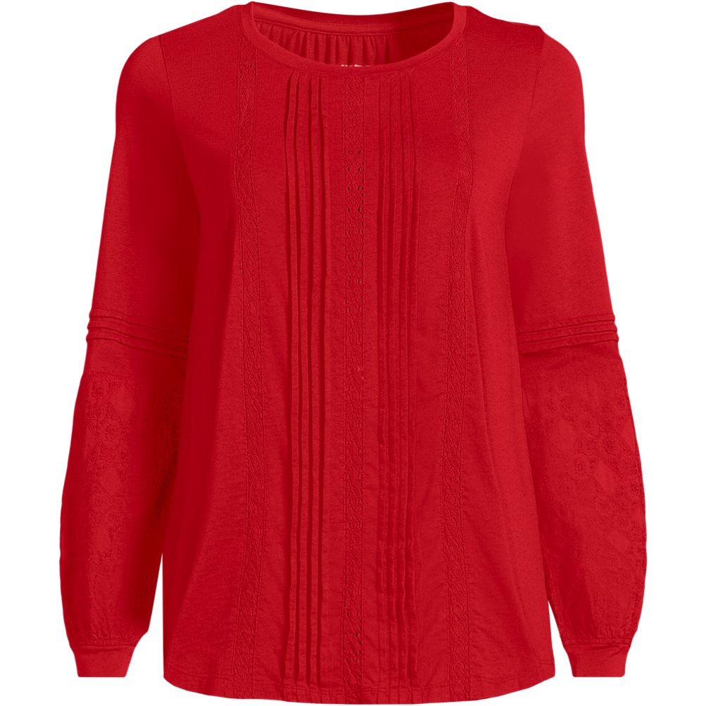 Women's Lightweight Jersey Lace Mix Long Sleeve Pintuck Top