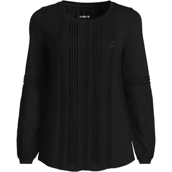 Women's Plus Size Lightweight Jersey Lace Mix Long Sleeve Pintuck Top - primary