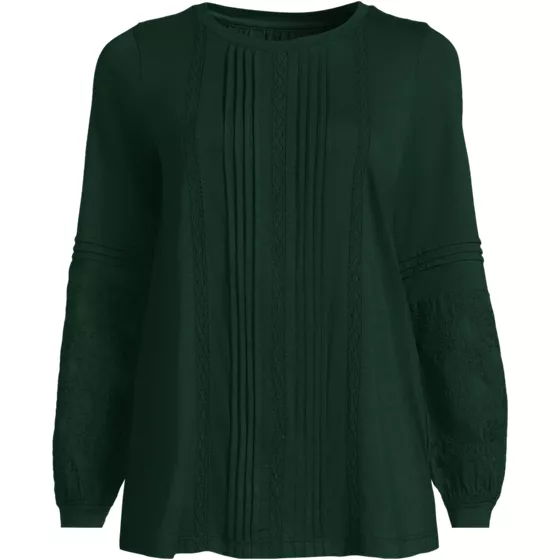 Women's Lightweight Jersey Lace Mix Long Sleeve Pintuck Top - primary