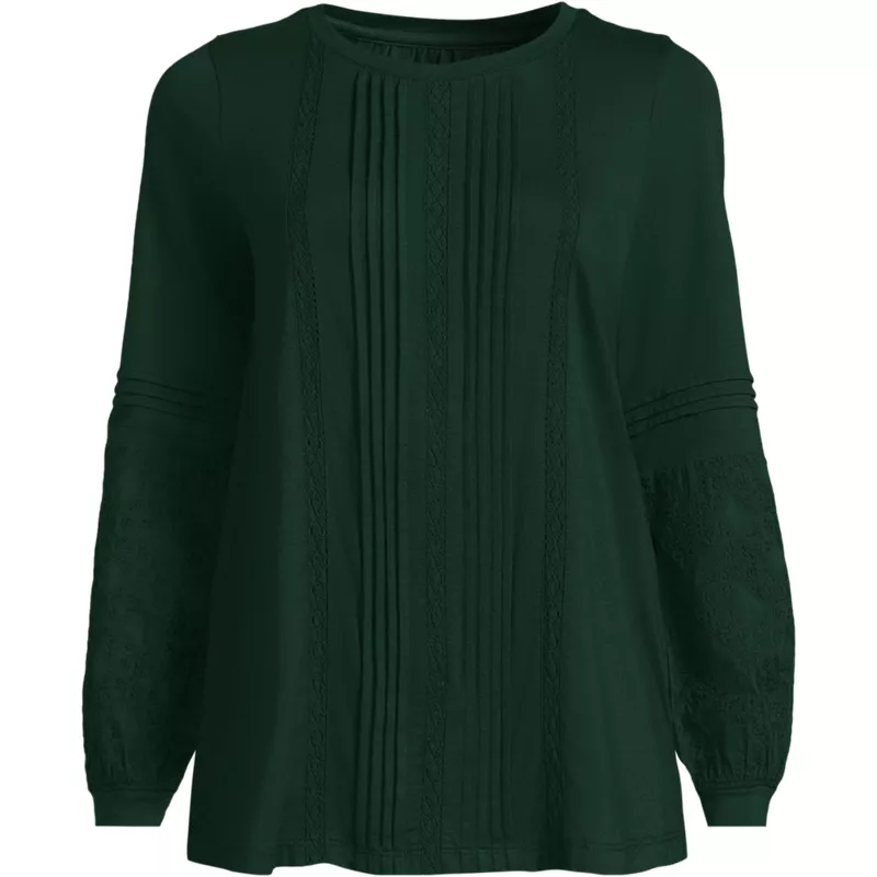 Women's Lightweight Jersey Lace Mix Long Sleeve Pintuck Top, Front