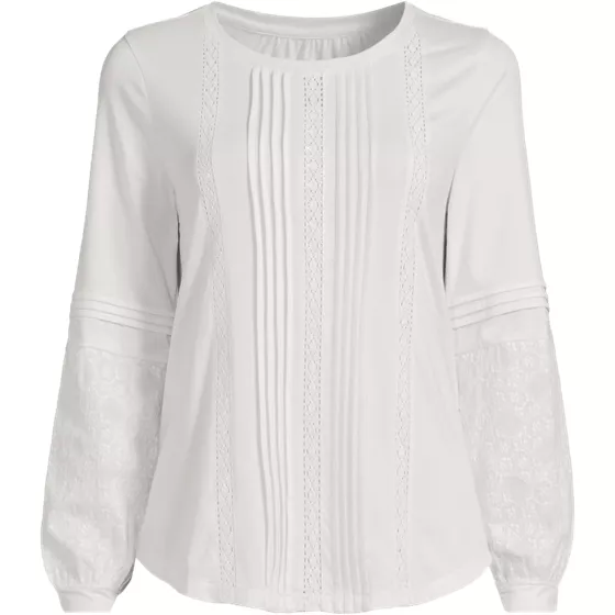 Women's Lightweight Jersey Lace Mix Long Sleeve Pintuck Top - primary