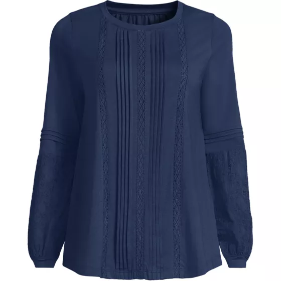 Women's Lightweight Jersey Lace Mix Long Sleeve Pintuck Top - primary
