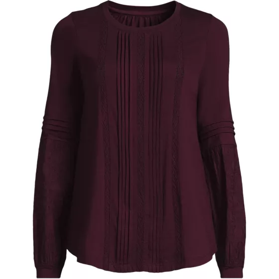 Women's Lightweight Jersey Lace Mix Long Sleeve Pintuck Top - primary