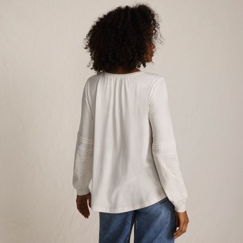 Women's Lightweight Jersey Lace Mix Long Sleeve Pintuck Top, Back