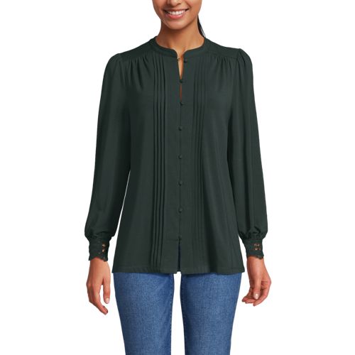 Women's Lightweight Jersey Long Sleeve Button Front Pintuck Top - image 2