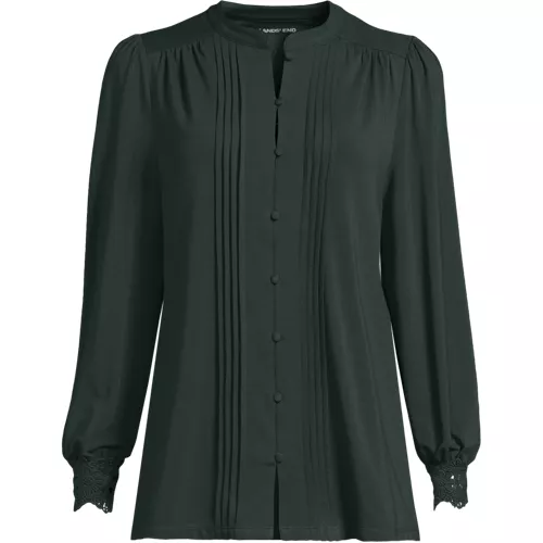 Women's Lightweight Jersey Long Sleeve Button Front Pintuck Top, Front