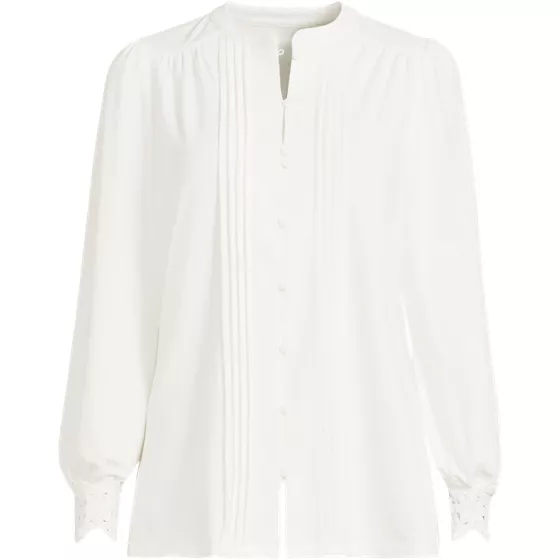 Women's Lightweight Jersey Long Sleeve Button Front Pintuck Top - primary