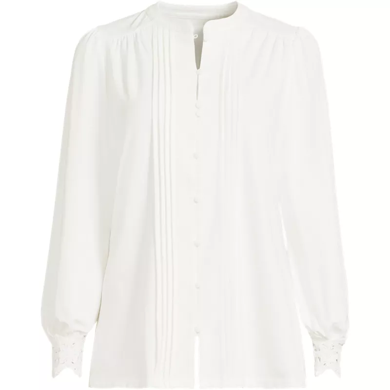 Women's Lightweight Jersey Long Sleeve Button Front Pintuck Top, Front
