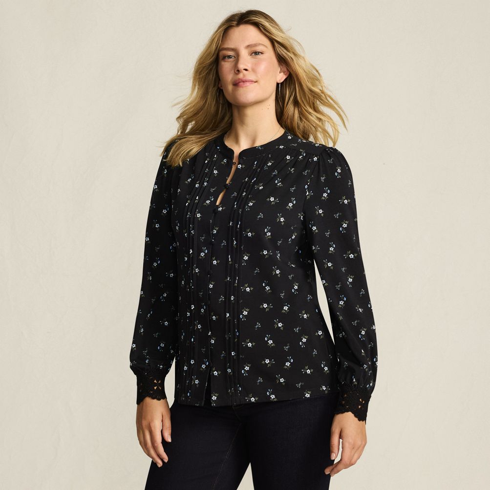 Women's Lightweight Jersey Long Sleeve Button Front Pintuck Top