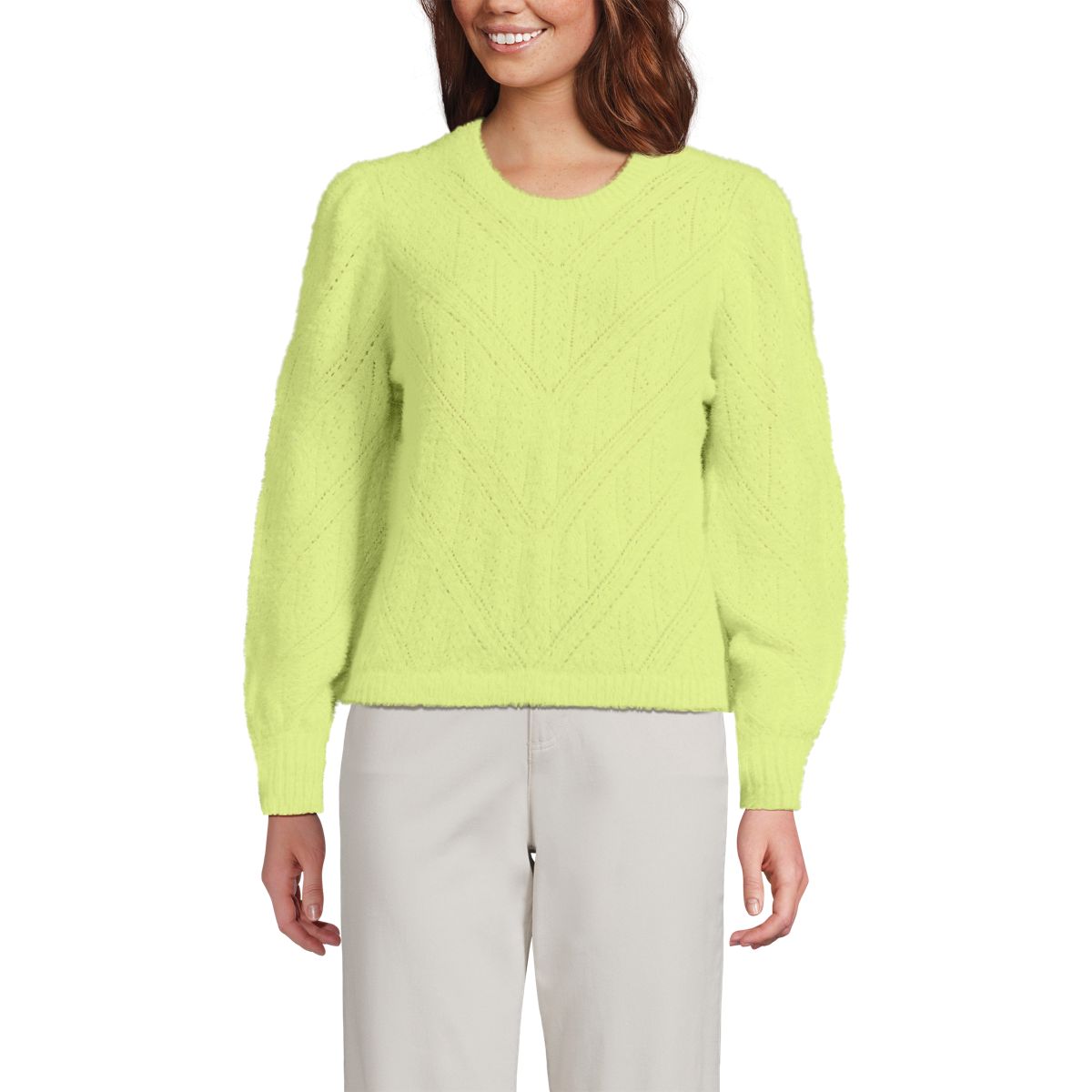 Women's Eyelash Fuzzy Pointelle Puff Sleeve Sweater