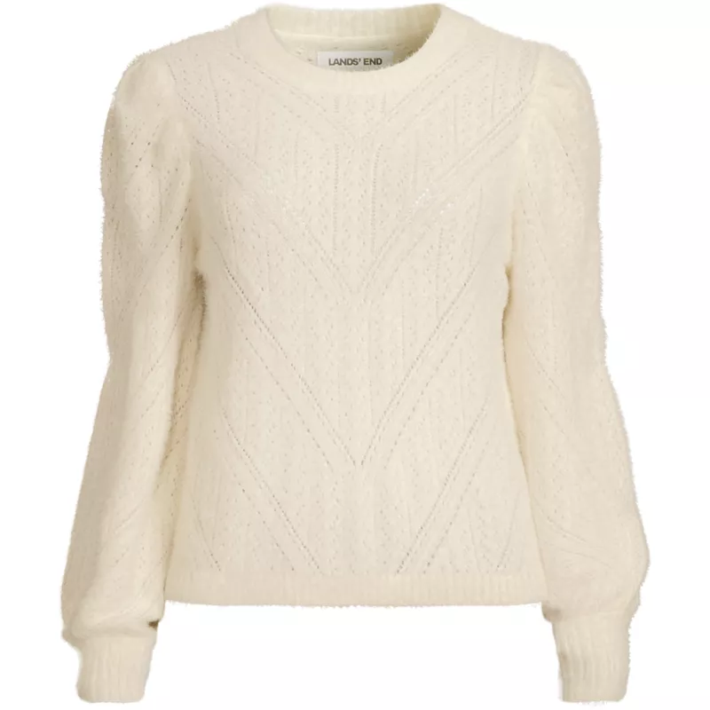 Women's Plus Size Eyelash Fuzzy Pointelle Puff Sleeve Sweater, Front