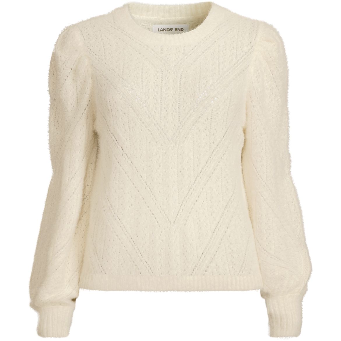 Women's Eyelash Fuzzy Pointelle Puff Sleeve Sweater