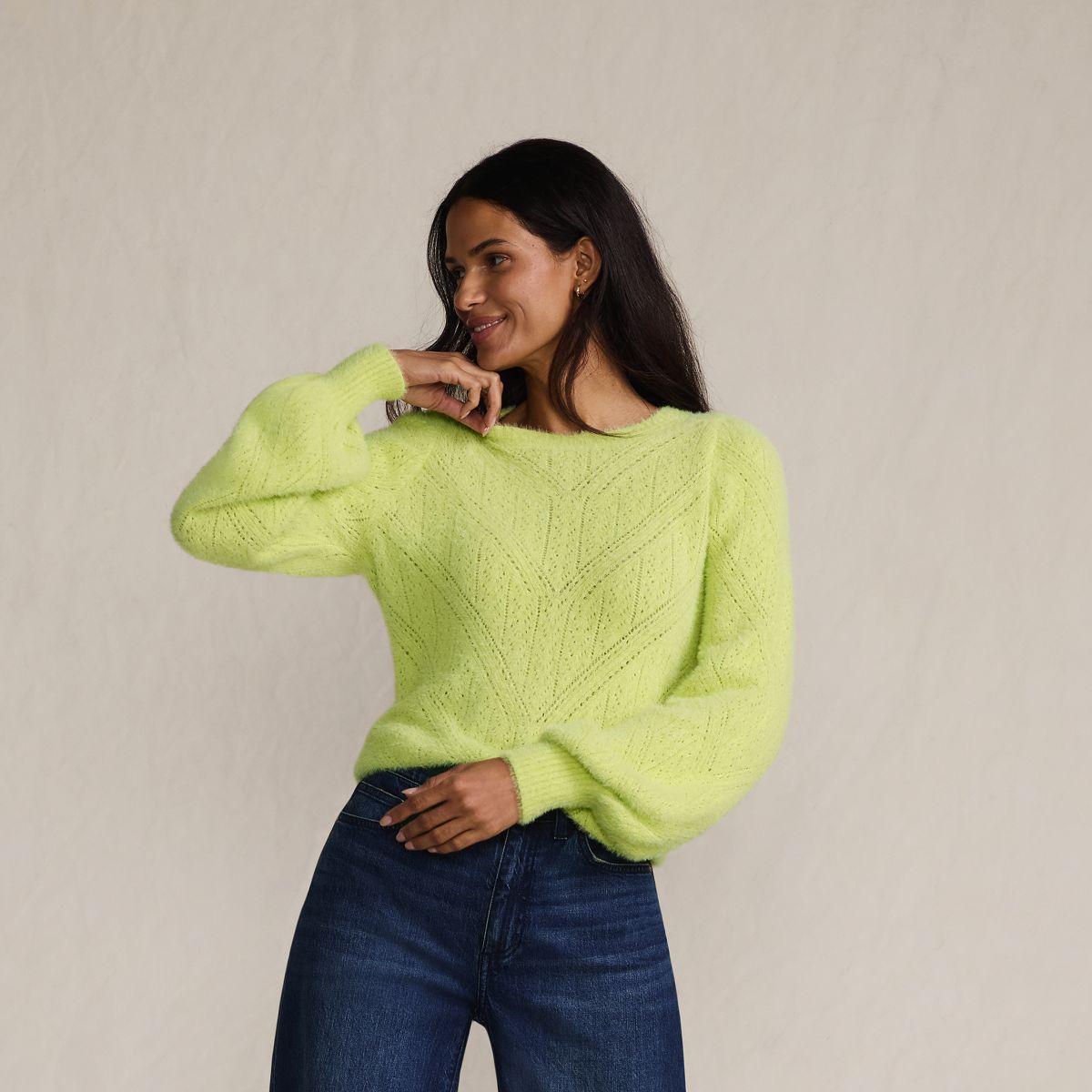 Women's Eyelash Fuzzy Pointelle Puff Sleeve Sweater