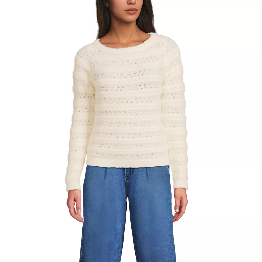Women's Fuzzy Eyelash Cable Boatneck Sweater