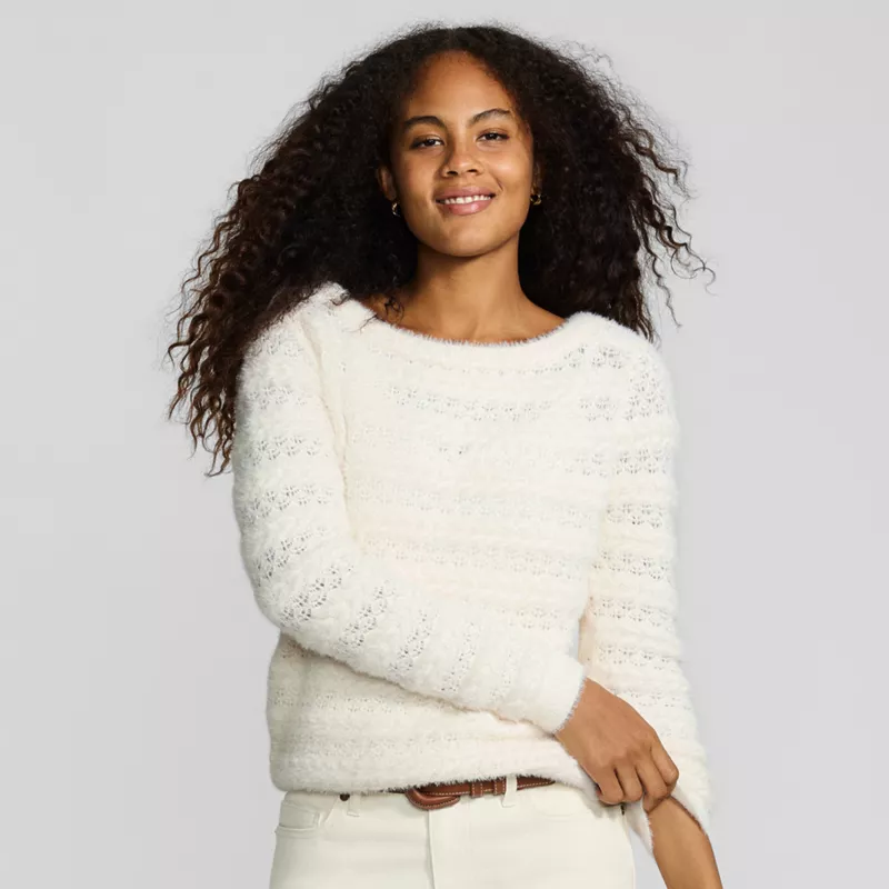 Women's Fuzzy Eyelash Cable Boatneck Sweater, alternative image