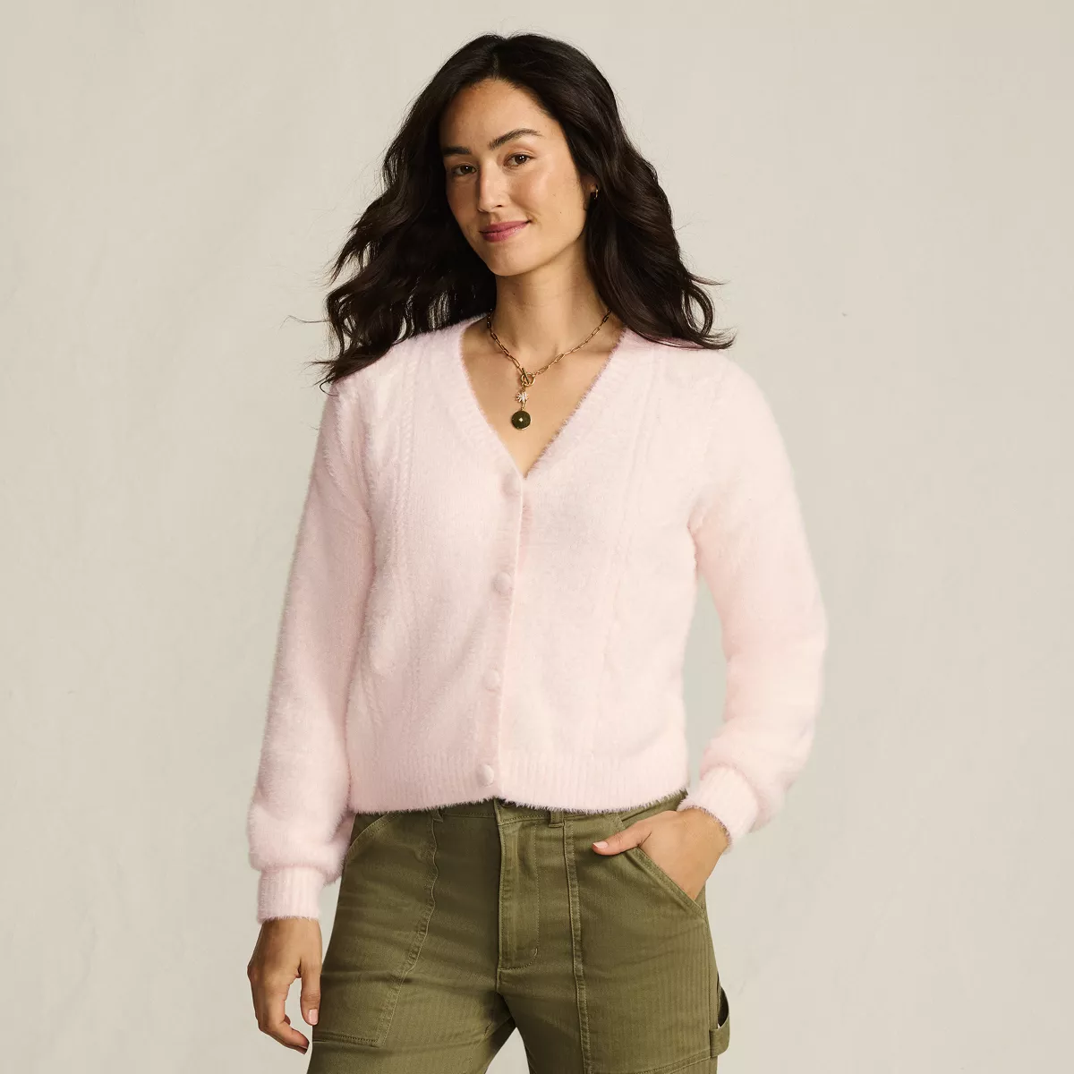 Women's Fuzzy Eyelash Cable Cardigan Sweater