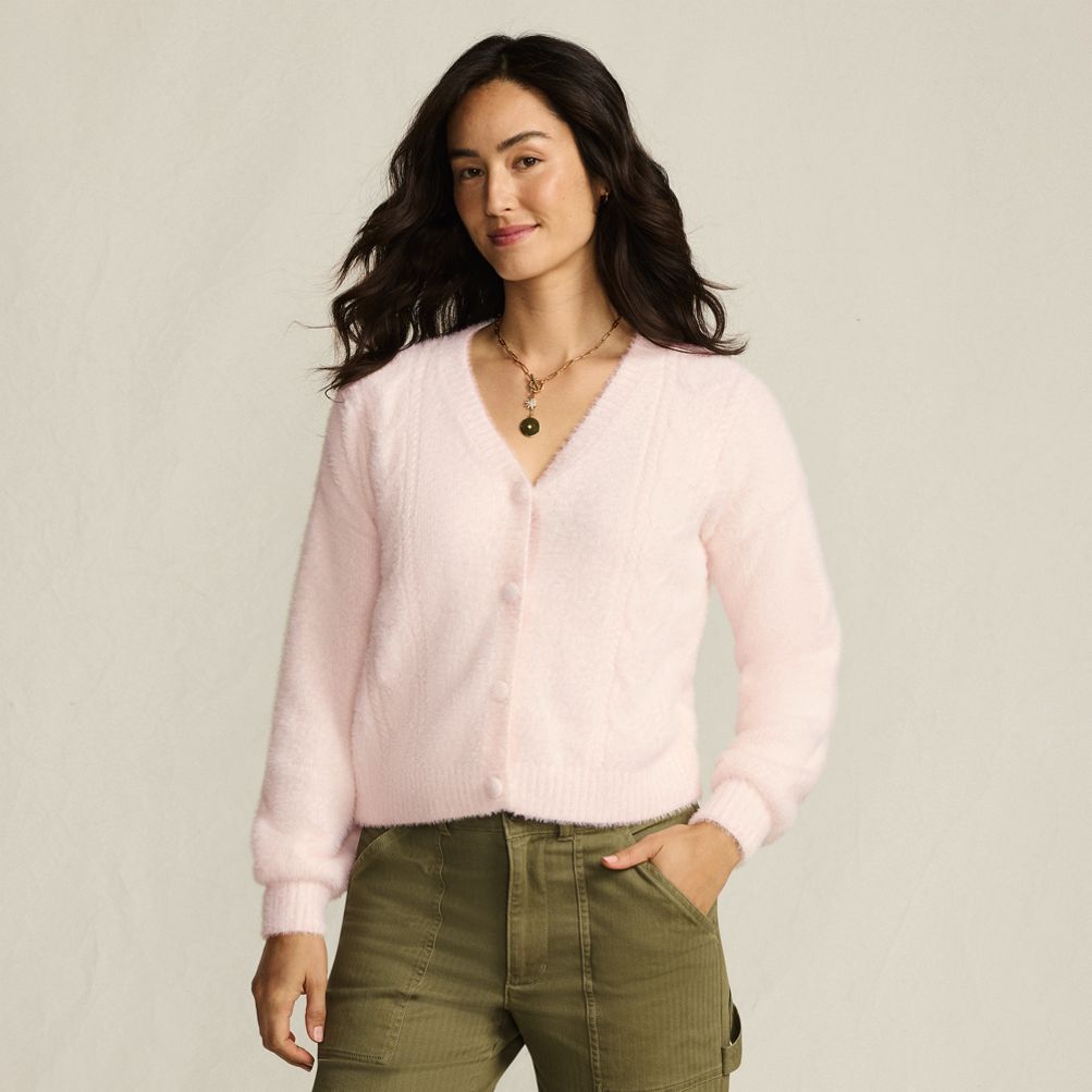 Women's Fuzzy Eyelash Cable Cardigan Sweater | Lands' End