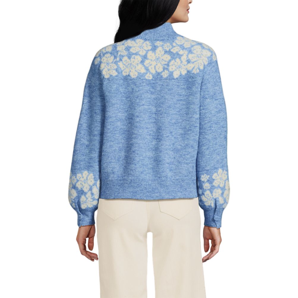 Women's Fuzzy Turtleneck Lantern Sleeve Jacquard Sweater | Lands' End