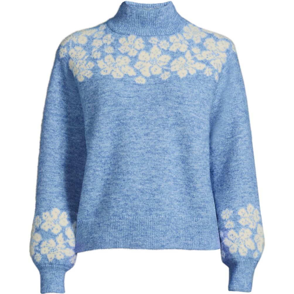 Women's Fuzzy Turtleneck Lantern Sleeve Jacquard Sweater | Lands' End