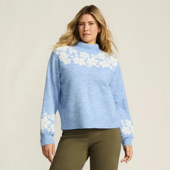 Women's Fuzzy Turtleneck Lantern Sleeve Jacquard Sweater - primary