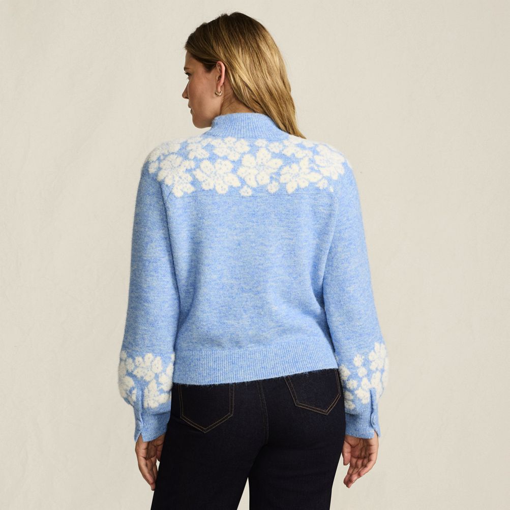 Women's Fuzzy Turtleneck Lantern Sleeve Jacquard Sweater | Lands' End