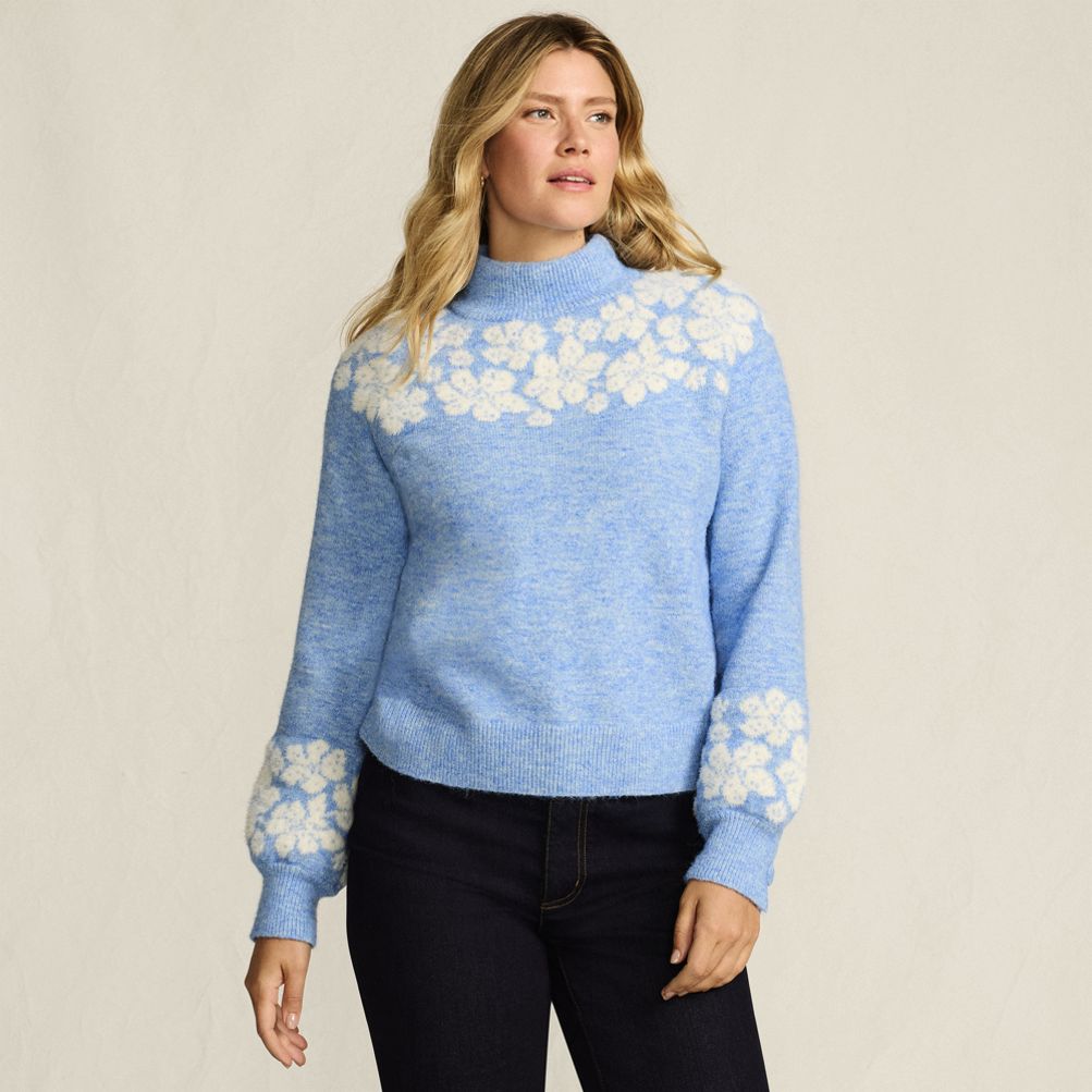 Women's Fuzzy Turtleneck Lantern Sleeve Jacquard Sweater | Lands' End