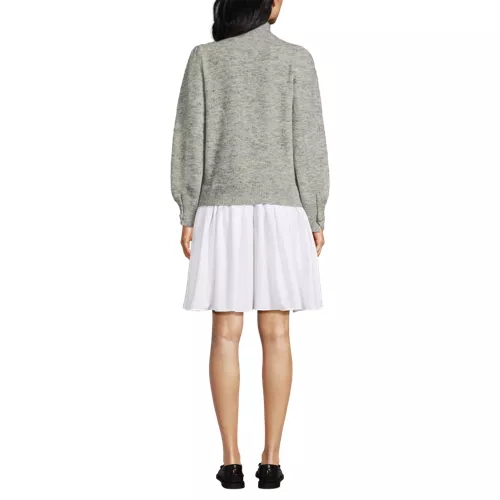 Women's Fuzzy Lantern Sleeve Mock Neck Mini Twofer Dress, Back