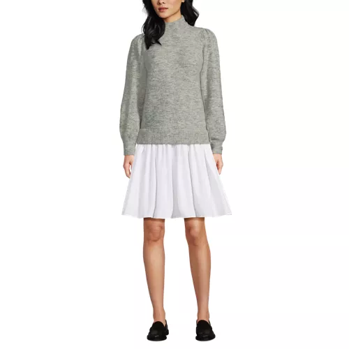 Women's Fuzzy Lantern Sleeve Mock Neck Mini Twofer Dress, Front