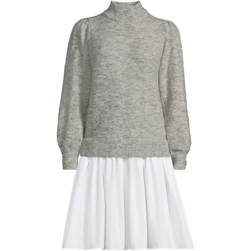 Women's Fuzzy Lantern Sleeve Mock Neck Mini Twofer Dress, Front