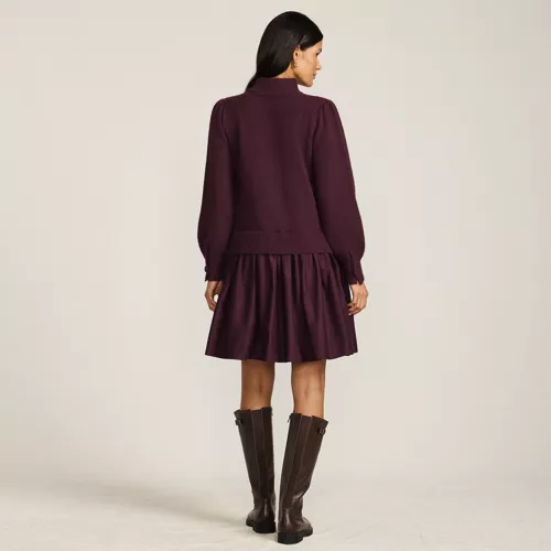 Women's Fuzzy Lantern Sleeve Mock Neck Mini Twofer Dress, Back