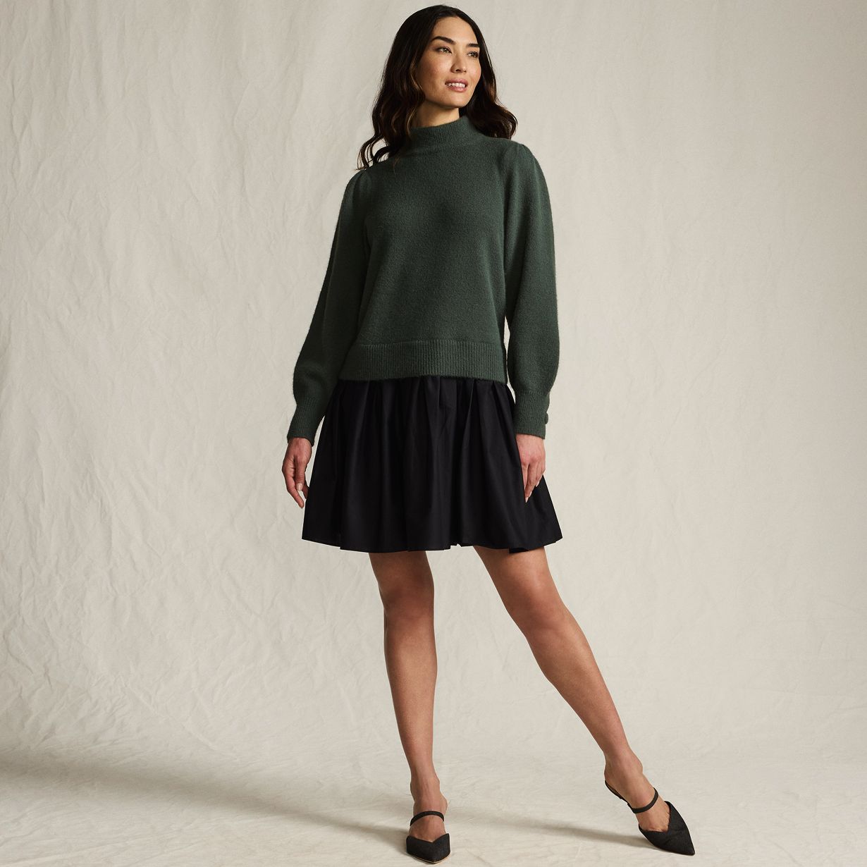 Women's Fuzzy Lantern Sleeve Mock Neck Mini Twofer Dress
