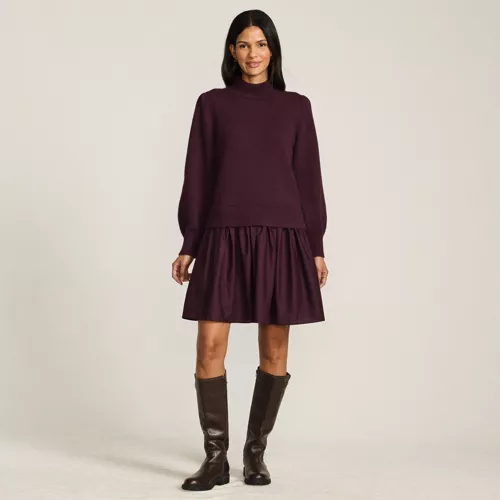 Women's Fuzzy Lantern Sleeve Mock Neck Mini Twofer Dress, Front